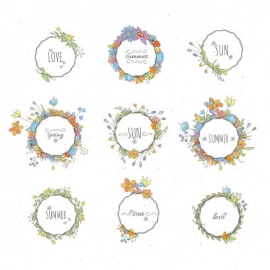 Rustik elle çizilmiş çiçek öğeleri ayarlayın. Vektör çiçek doodles, dal, çiçek, defne ve çerçeveler.