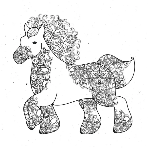 Pagina lineare antistress con cavallo. Zentangle animale per libro da colorare, biglietto di auguri, elemento decorazione mandala, arte terapia . — Vettoriale Stock