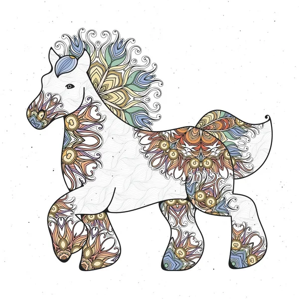 馬と抗ストレス線形ページ。Zentangle 動物の塗り絵、グリーティング カード、マンダラの装飾要素、芸術療法. — ストックベクタ
