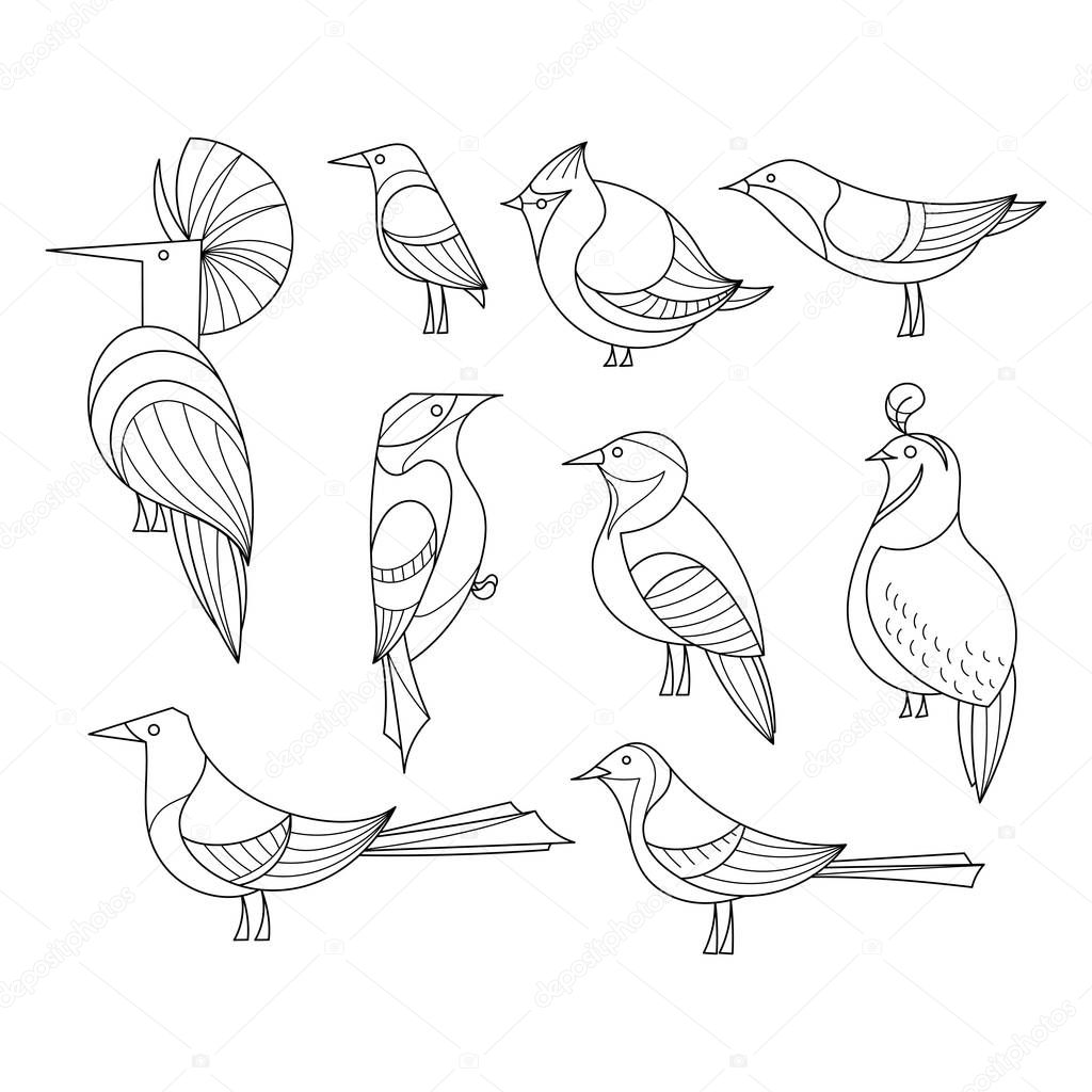 Birds set. Lined vector collextion. Abstract art, logo, icons.