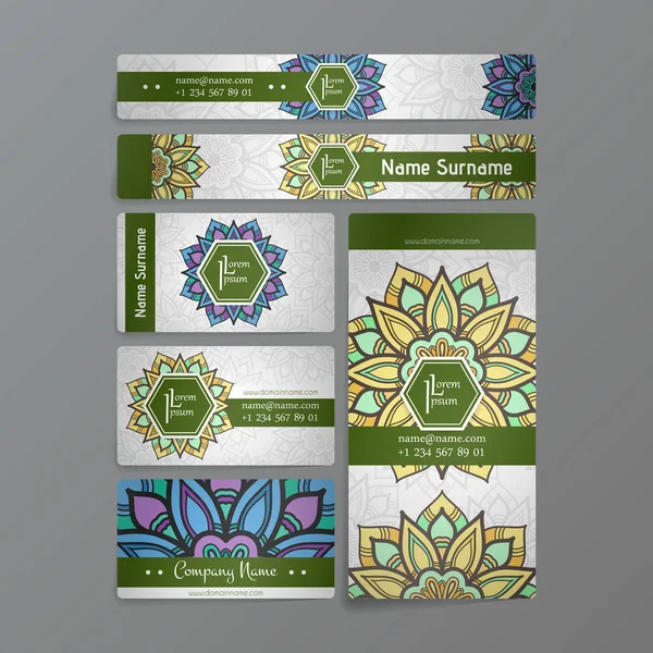 Set of vector design templates. Business card with floral circle ornament. Mandala style. — Stock Vector