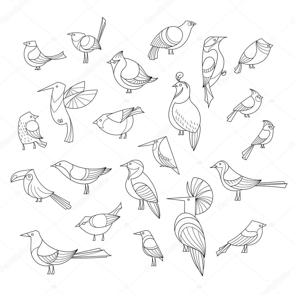 Birds set. Lined vector collextion. Abstract art, logo, icons.