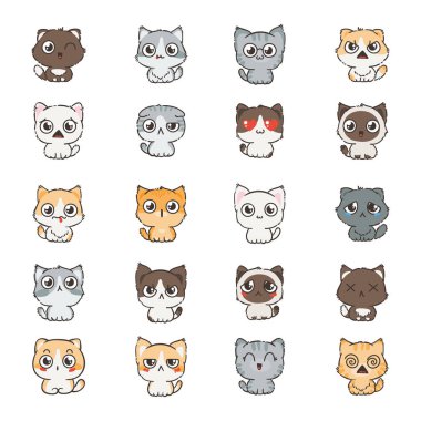 Sevimli çizgi kedi ve köpeklerin farklı duygular ile. Çıkartma koleksiyonu.