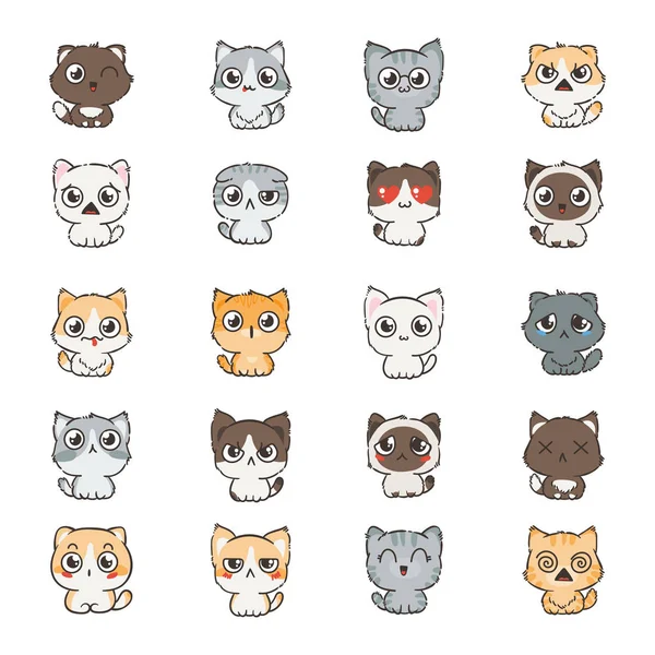 Schattige cartoon katten en honden met verschillende emoties. Sticker collectie. — Stockvector