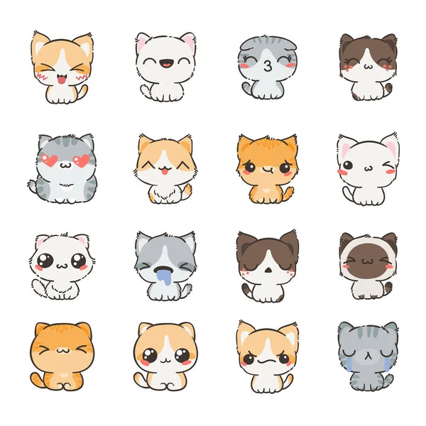 Lindos gatos y perros de dibujos animados con diferentes emociones. Colección de etiquetas engomadas . — Vector de stock