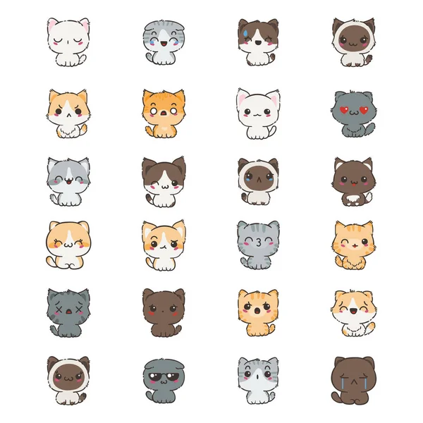 Chats de dessin animé mignons et chiens avec des émotions différentes. Collection d'autocollants . — Image vectorielle