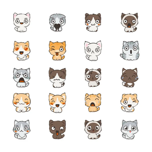 Lindos gatos y perros de dibujos animados con diferentes emociones. Colección de etiquetas engomadas . — Vector de stock