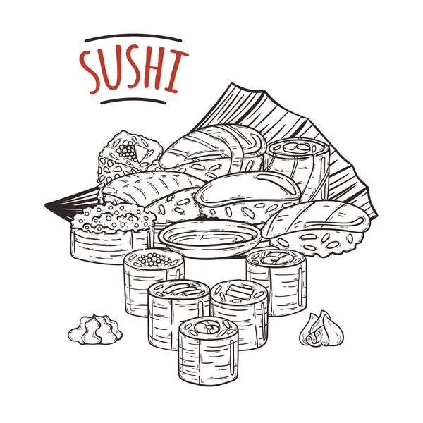 Doodle sushi y rollos de madera. Cocina tradicional japonesa platos ilustración . — Vector de stock