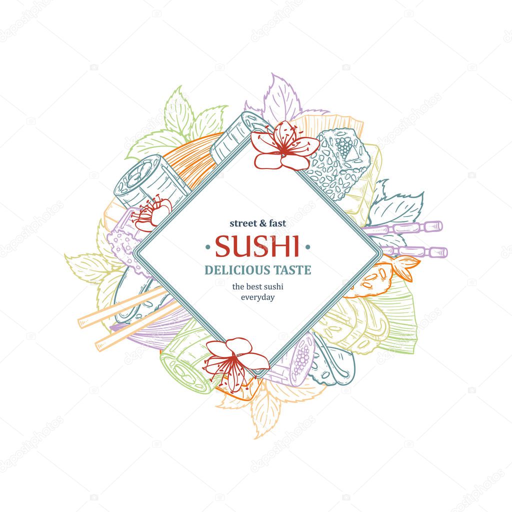 Doodle sushi restaurant and delivery design template. Asian food composition. Vector illustration