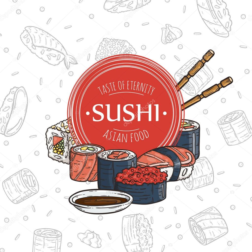 Doodle sushi restaurant and delivery design template. Asian food composition. Vector illustration