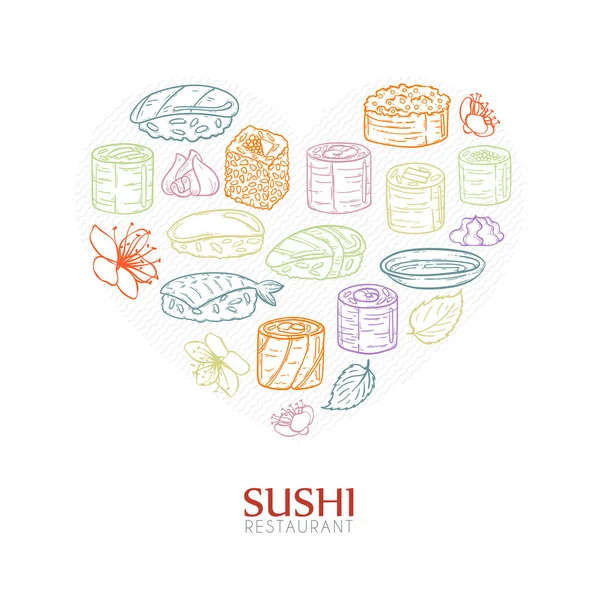 Fondo corazón con sushi y rollos. Ilustración de cocina tradicional japonesa . — Vector de stock