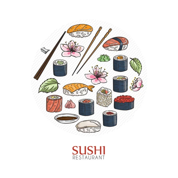 Doodle sushi restoran dan templat desain pengiriman. Komposisi makanan Asia . - Stok Vektor