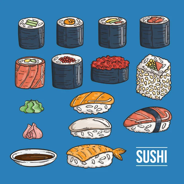 Doodle japanischen Sushi und Brötchen Sammlung. traditionelle frische Meeresfrüchte. asiatische Küche köstlich. Reis mit Lachs, Aal, Alge. — Stockvektor