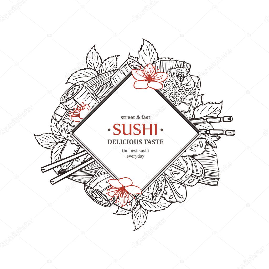 Doodle sushi restaurant and delivery design template. Asian food composition. Vector illustration