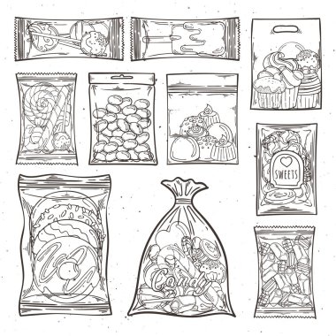 Tatlılar, şeker ve kek plastik torbalar ve paketleri.