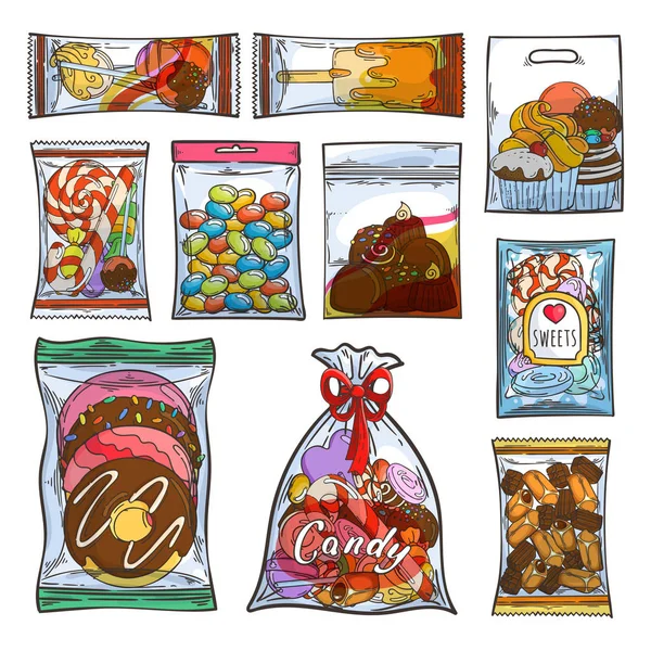 Dolci, caramelle e torte in sacchetti e confezioni di plastica . — Vettoriale Stock