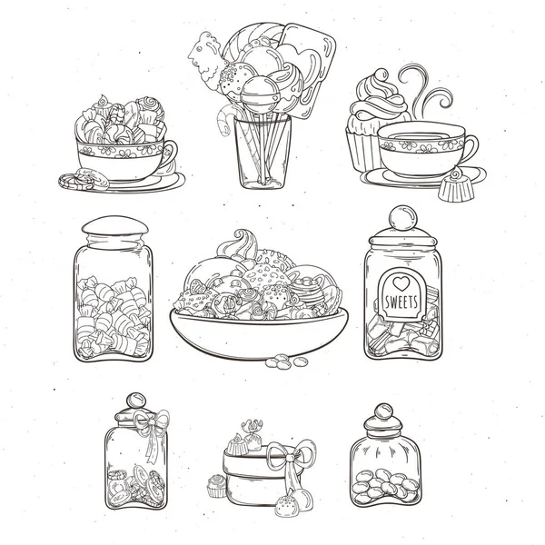 Dulces en frascos de vidrio de diversas formas con diferentes caramelos y galletas . — Archivo Imágenes Vectoriales