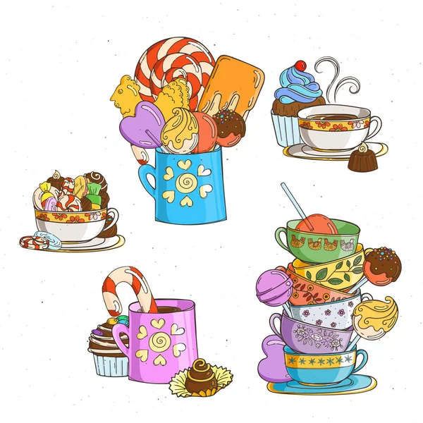 Sweets in cups with different candies and cookies. — Stock Vector