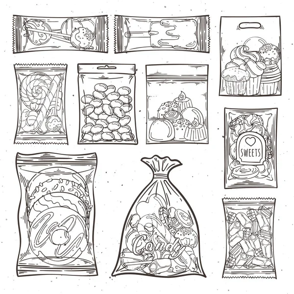 Свитки, конфеты и торты в пластиковых пакетах и упаковках . — стоковый вектор
