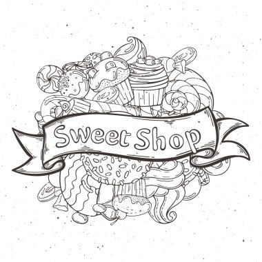 Etiket tatlı Dükkanı. Şeker, çikolata, karamel, lolipop krem girdap.