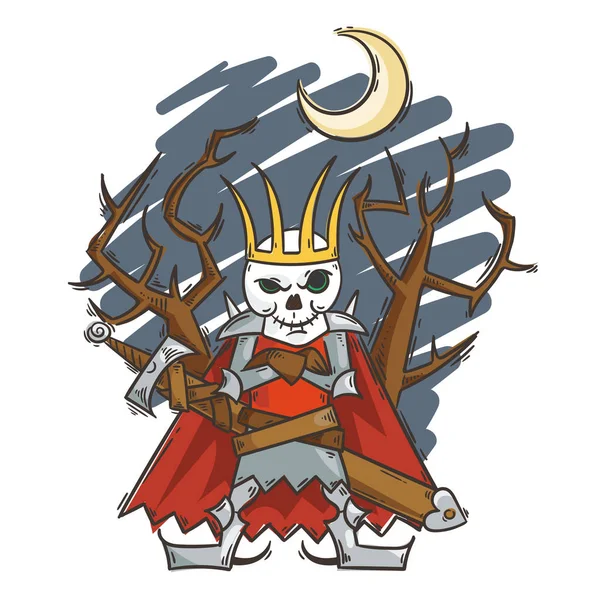Doodle Cartoon russischer Lichkönig. koschey mit Schwert und Mond. Halloween-Illustration — Stockvektor