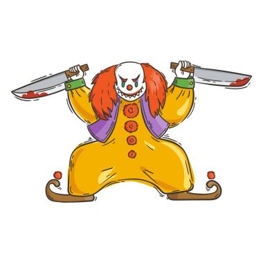 Kızgın şeytani palyaço ile kanlı bir bıçak.