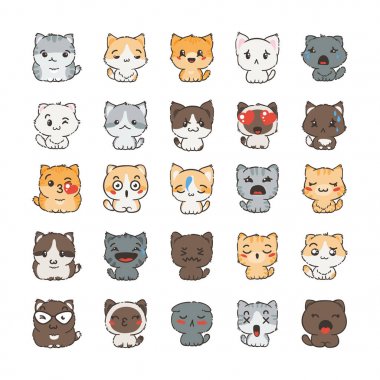 Sevimli çizgi kedi ve köpeklerin farklı duygular ile. Çıkartma koleksiyonu.