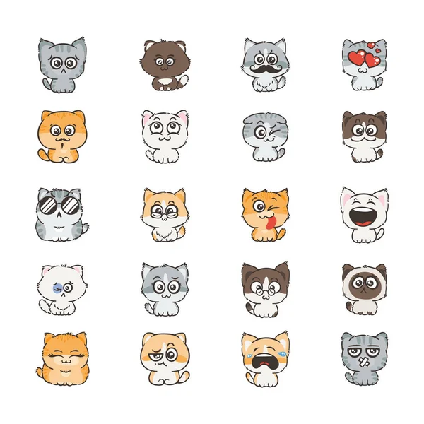 Schattige cartoon katten en honden met verschillende emoties. Sticker collectie. — Stockvector