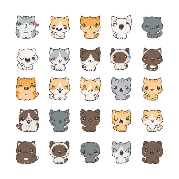 Schattige cartoon katten en honden met verschillende emoties. Sticker collectie. — Stockvector