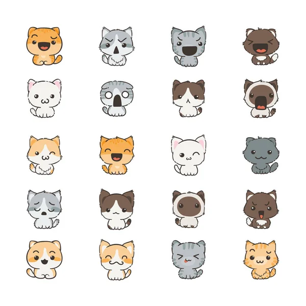 Lindos gatos y perros de dibujos animados con diferentes emociones. Colección de etiquetas engomadas . — Archivo Imágenes Vectoriales