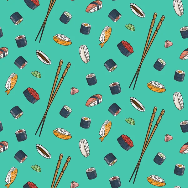 벡터 낙서 스시와 함께 완벽 한 패턴입니다. 아시아 식품을 새긴다. — 스톡 벡터
