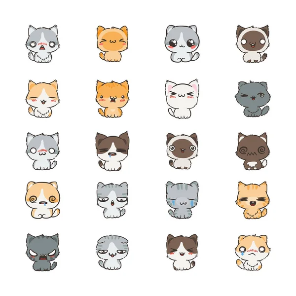 Schattige cartoon katten en honden met verschillende emoties. Sticker collectie. — Stockvector