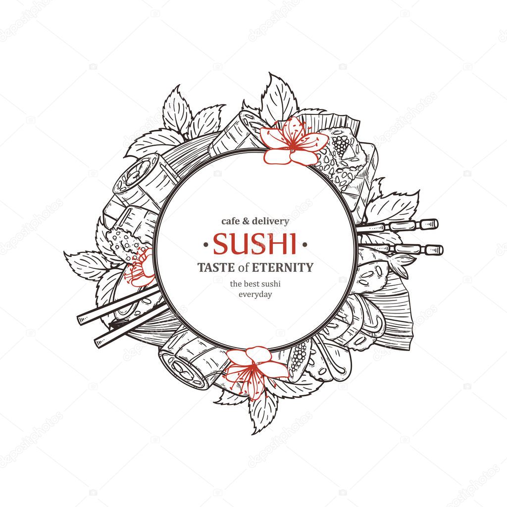 Doodle sushi restaurant and delivery design template. Asian food composition. Vector illustration