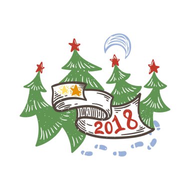 2018 yıl ay ve yılbaşı ağaçları ile illüstrasyon doodle.