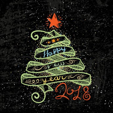 Mutlu yeni yıl ve mutlu Noeller büyük kartpostal şerit ağaç ve kaligrafi metin.