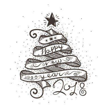 Mutlu yeni yıl ve mutlu Noeller büyük kartpostal şerit ağaç ve kaligrafi metin.