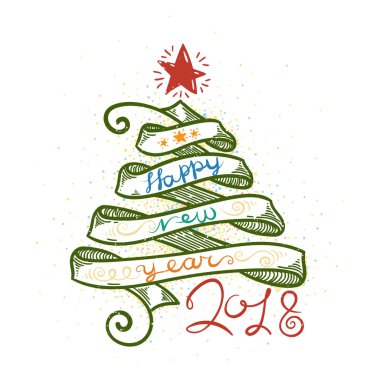 Mutlu yeni yıl ve mutlu Noeller büyük kartpostal şerit ağaç ve kaligrafi metin.