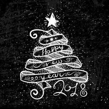 Mutlu yeni yıl ve mutlu Noeller büyük kartpostal şerit ağaç ve kaligrafi metin.