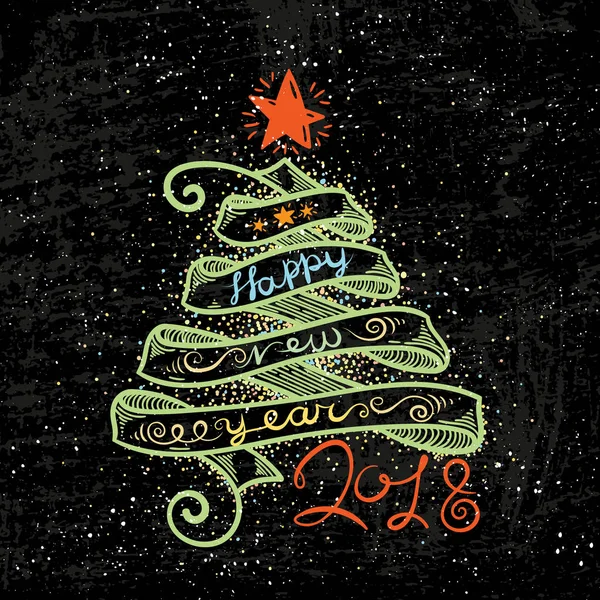 Mutlu yeni yıl ve mutlu Noeller büyük kartpostal şerit ağaç ve kaligrafi metin.