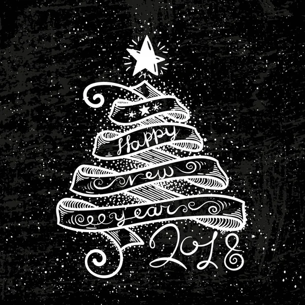 Mutlu yeni yıl ve mutlu Noeller büyük kartpostal şerit ağaç ve kaligrafi metin.