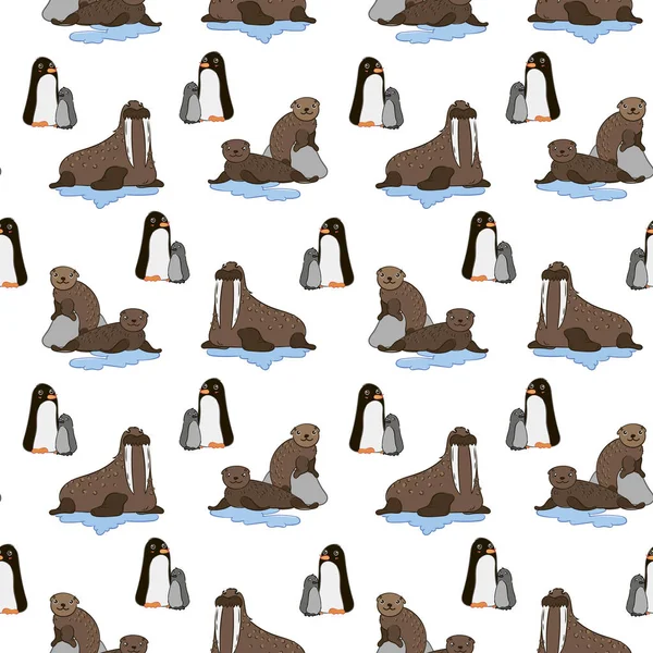 Patrón sin costuras con lindos pingüinos, morsas y focas de piel. Ilustración de invierno dibujada a mano — Archivo Imágenes Vectoriales
