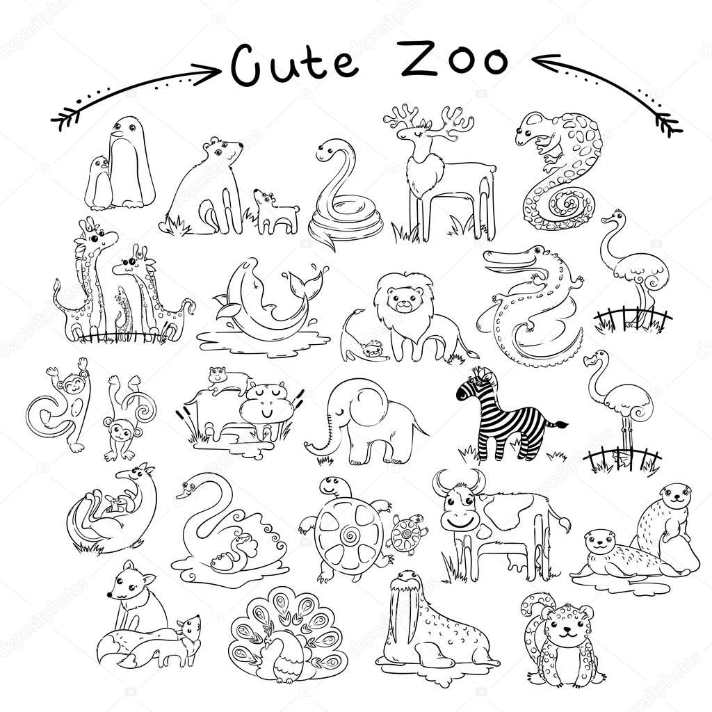 Collection of cute cartoon doodle animals and birds of the world. Lined for coloring pages