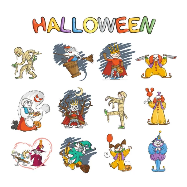 Conjunto de niños disfrazados para Halloween. Y brujas y demonios. Lich o el rey ruso Koschey, mamá, payaso — Vector de stock