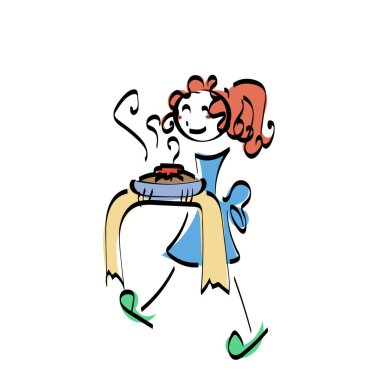 Doodle çöp adam illüstrasyon kavramı. Kadın lezzetli yemekler ile pişirme