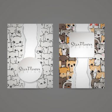 Kart şablonları ile sevimli çizgi kediler ve köpekler farklı duygular ile.