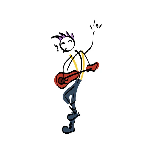 Concepto de ilustración Doodle stickman. Rock-man con guitarra, música metall — Vector de stock