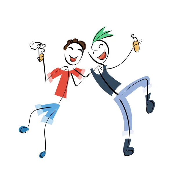 Doodle stickman illustration concept. Amis avec de la bière sur une fête — Image vectorielle