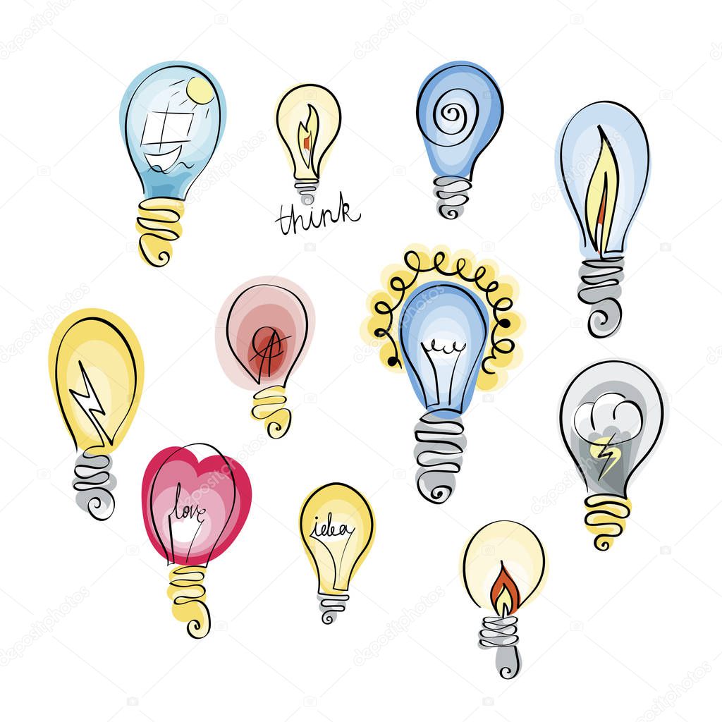 Vector set of light bulb icons with concept of idea. Doodle sign collection. Sketch design illustration for print, web, logos