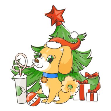 Golden köpek kahve ya da muzlu süt içiyor. Yeni yıl t-shirt, poster, kartpostal için çizilen illüstrasyon el