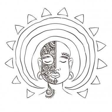 Meditasyon kafa güneş aura ile. Maske dekoratif kompozisyon.